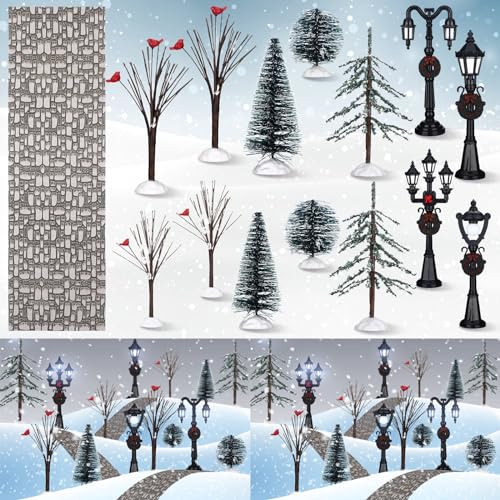 Aoriher 15 Pcs Christmas Figurine Village Accessories Miniature Pine