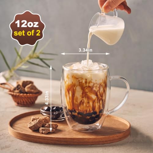 FrutPunch Double Walled Glass Coffee Mugs Set of 2, 12 oz - Heat-Resistant Borosilicate