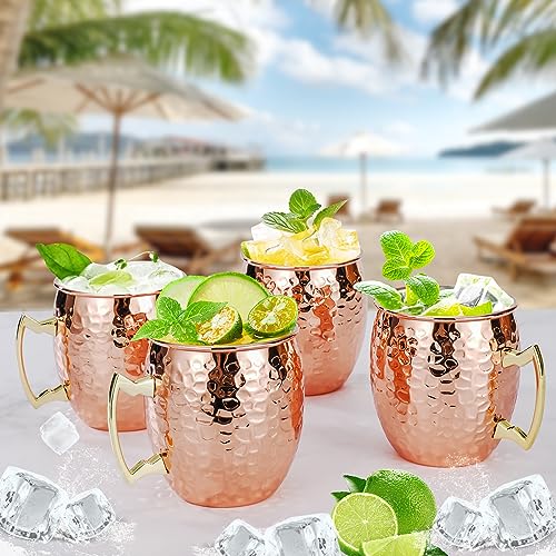 Hammered Copper Moscow Mule Mugs - 16oz Stainless Steel Set of 4