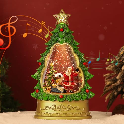 Lewondr Xmas Tree Snow Globe with Santa, Musical Water Lantern - Christmas Decor