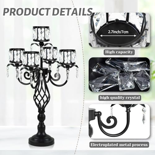 Black 23.2 Inch Tall Elegant 5-Arm Crystal Candle Candelabra Wedding Table Centerpiece