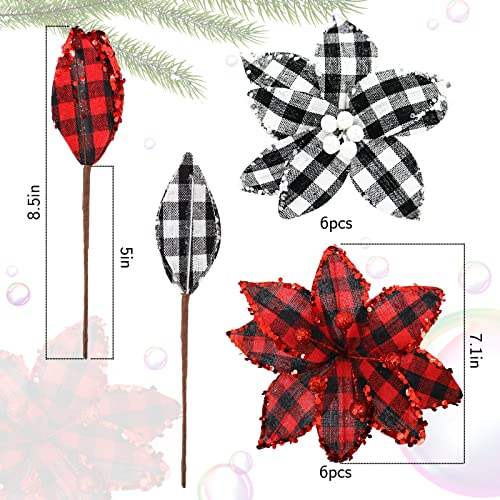 12 Pcs Christmas Buffalo Plaid Poinsettia Ornaments with Glitter - Holiday Tree Decorations