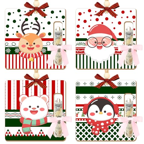 Christmas 07 Wooden Money Holders Set - Santa, Reindeer, Penguin, Holiday Icons, 4 Pcs