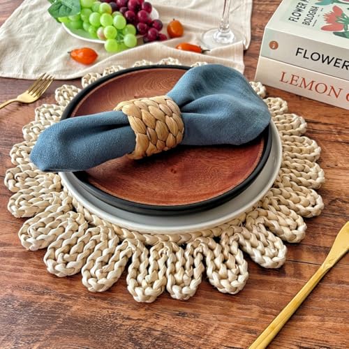 IcosaMro Boho Woven Placemats Set of 6 - 13.8 Inch Natural Table Mats, Style B