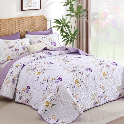 Light Purple Floral Quilt Set Queen - 3 Piece Reversible Bedspread with Shams