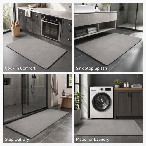 MontVoo Non-Slip Thin Bath Mat - Rubber Backed Quick Dry Faux Suede Bathroom Rug 16x24 Grey