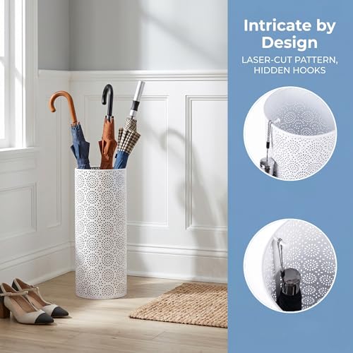 Metal Umbrella Stand for Entryway, Round Rustproof Organizer with 3 Hooks