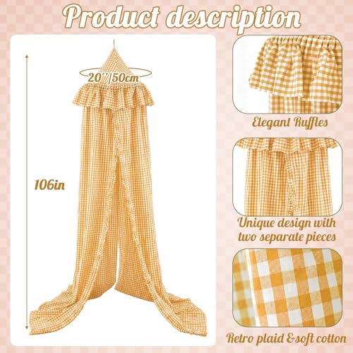 Yellow Gingham Plaid Bed Canopy with Ruffles - Soft Vintage Hanging Tent
