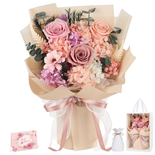 Preserved Pink Rose Bouquet with White Vase - Long-Lasting Eternal Flowers