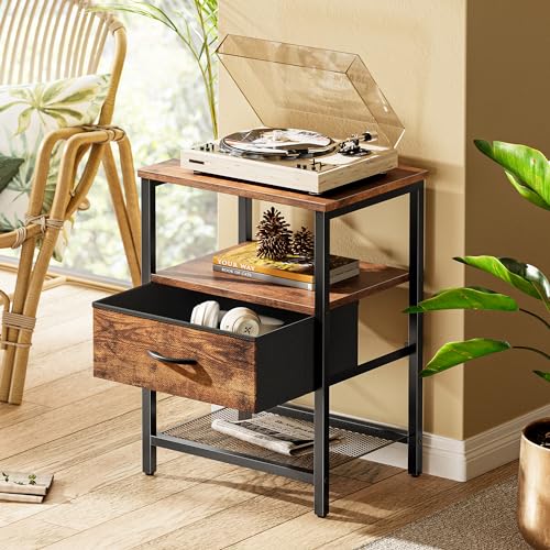 Industrial Nightstand Set of 2 with Fabric Drawer and Mesh Storage Shelf