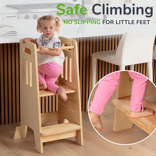 Adjustable Wooden Toddler Learning Tower with Safety Door & Non-Slip Steps