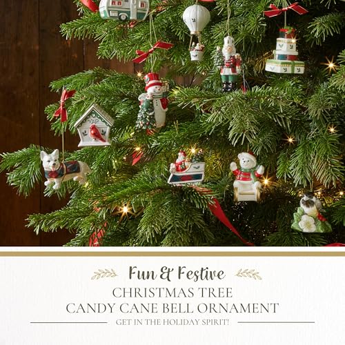 Earthenware Christmas Candy Cane Bell Ornament with Red Ribbon, 3.5 Inch