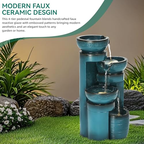 4-Tier Outdoor Water Fountain with LED Lights, 19.3-Inch Faux Ceramic Finish