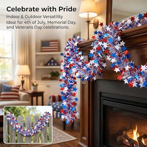 Patriotic Tinsel Garland 5-Pack (32.8 ft) - Red White & Blue Metallic Star Decor