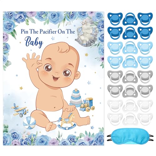 Pin the Pacifier Baby Shower Game - Blue Elephant Theme Party Activity