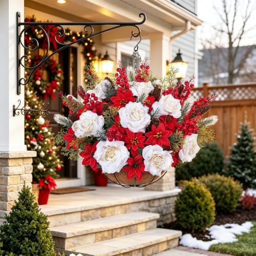 GTIDEA Winter Hanging Basket Christmas Poinsettias Outdoor Decor - Set of 1