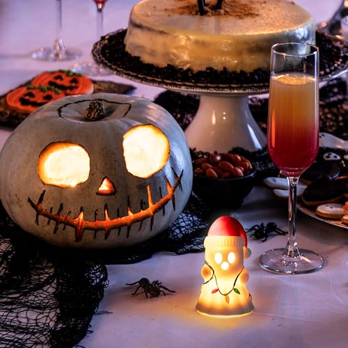 Christmas Ghost Night Light with Santa Hat - Halloween Holiday Decor, LED Tabletop Accent