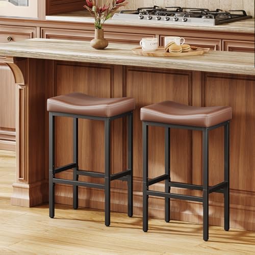 24-Inch Counter Height Bar Stools Set of 2, Faux Leather Saddle Stools