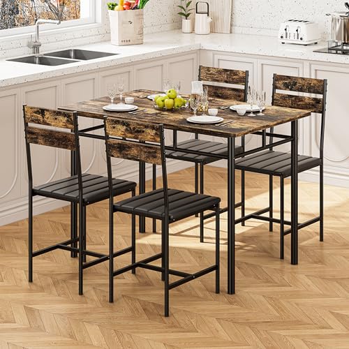 5-Piece Industrial Dining Table Set with 4 Upholstered Chairs, Rustic Brown