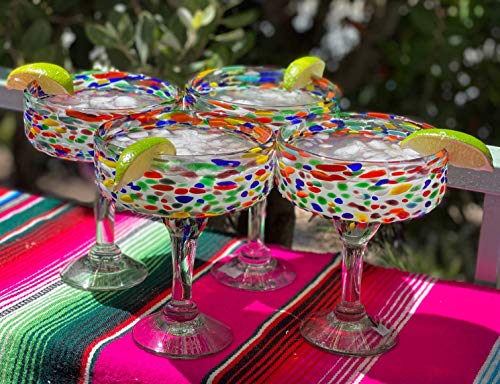 Dos Sueños Mexican Hand Blown Margarita Glasses Set of 4 | 16 oz Authentic Confetti Rock Glassware