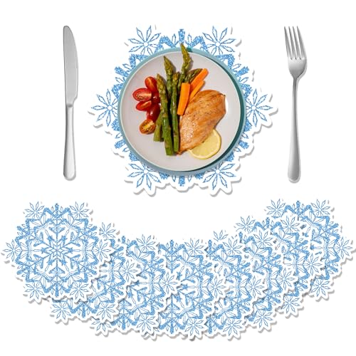 Snowflake Placemats Set - Blue Disposable Paper Placemats for Christmas & Winter Tables (24 Pack) Adirasenotek