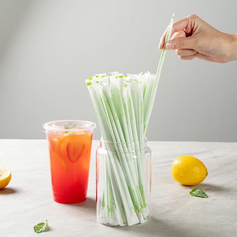 Restaurantware-Basic Nature 8.3 Inch Disposable Straws, 2000 Sustainable Straws - Wrapped, Won't Alter Flavors, Green PLA/PBAT Straw, For Hot And Cold Drinks