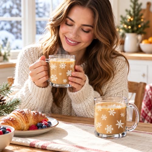 Tioncy 12 oz 2-Piece Snowflake Glass Coffee Mugs with Handle – White, Pack of 2