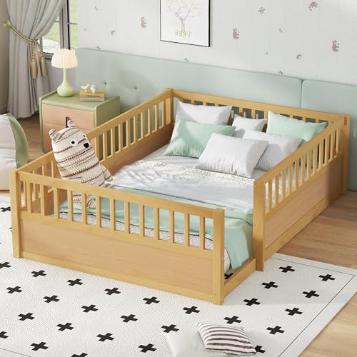 Full Size Montessori Floor Bed Frame with Safety Fence, Solid Wood