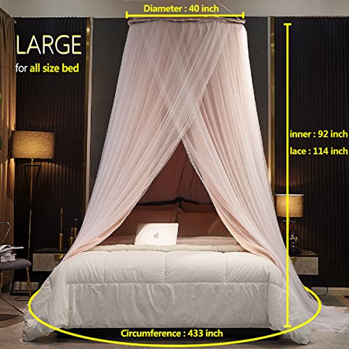 Princess Bed Canopy with Lace - Double Layer Round Dome Mosquito Net (Pink)
