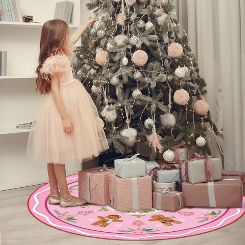 Blosssound 36 Inch Gingerbread Pink Christmas Tree Skirt - Gingerbread Man Theme