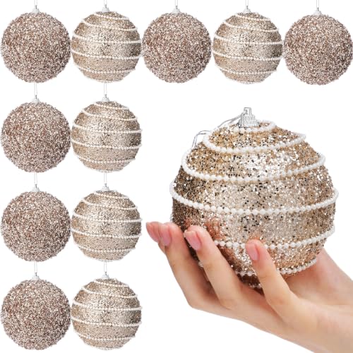 Champagne Gold Christmas Ball Ornaments 12 Pack - 3.94 in Large Pearl Accents
