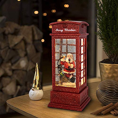 Lighted Red Phone Booth Christmas Snow Globe Lantern with Timer