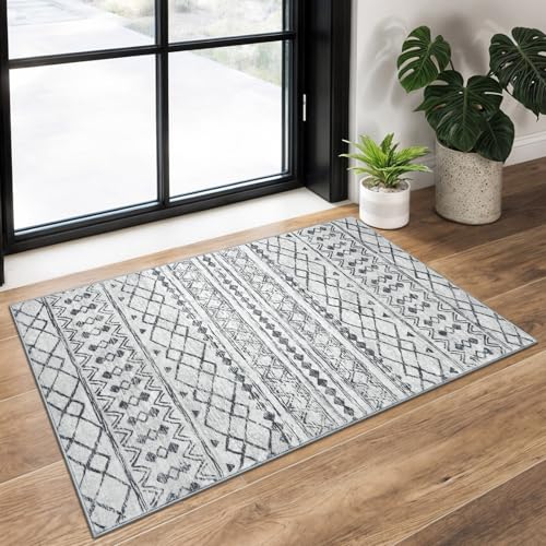 2x3 Grey Moroccan Boho Washable Area Rug, Non-Slip Low Pile Door Mat