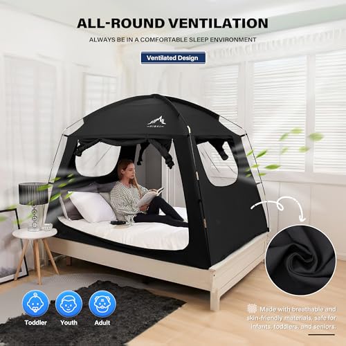 Portable Twin Bed Tent - Privacy Canopy with Light Reducing Blackout Fabric