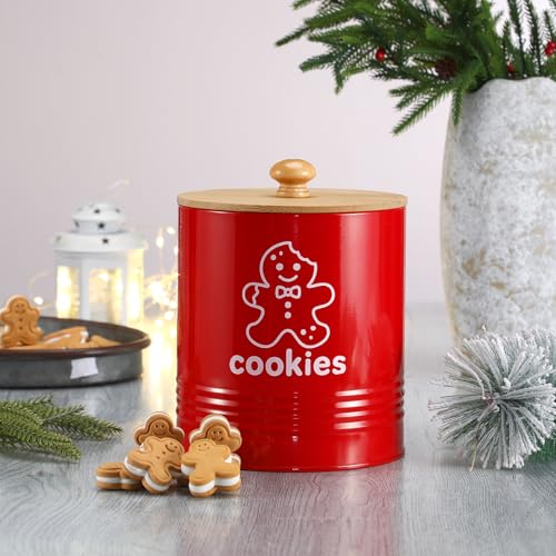 Christmas Cookie Jar with Airtight Bamboo Lid - Red, 1.1 Gallon