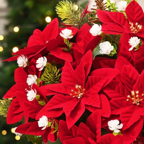Waipfaru 9-Pack Poinsettias Flowers - 14'' Red Velvet Faux Christmas Bushes for Outdoors