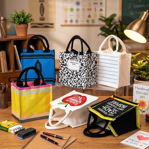 Sunnymove 6-Pack Mini Burlap Tote Bags for Teachers, 8 x 8 x 5.5 in