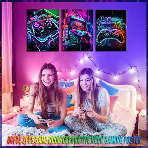 Neon Gaming Canvas Wall Art Posters Set of 3 for Boys Bedroom 12x16 Inch