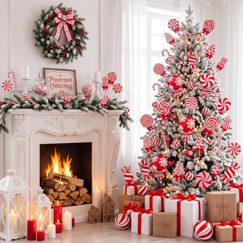 Soaoo 16 Pcs Candy Christmas Tree Decorations - Red & White Peppermint Picks, Holiday Party Decor