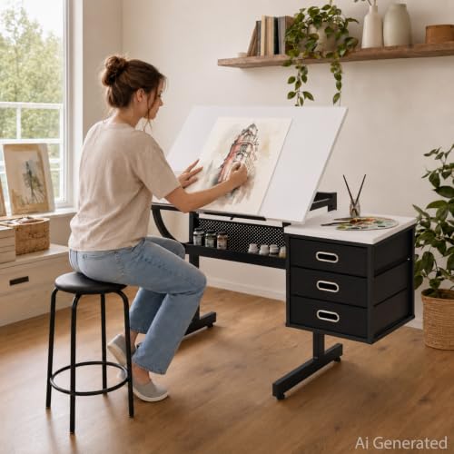 Adjustable Drafting Table with 3 Drawers and Stool for Artists