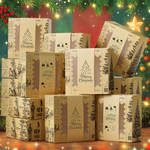 Resurhang 12 Pcs Vintage Christmas Cookie Boxes with Window – Newspaper Variation