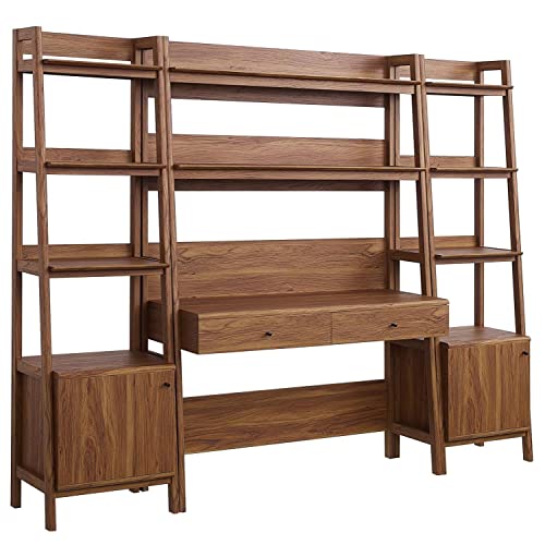 Modway Walnut 3-Piece Office Desk and Bookshelf Set - Modern Home Office Furniture