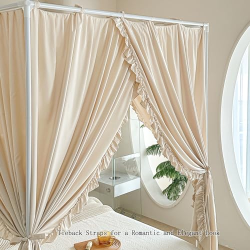 Opaque Canopy Bed Curtains with Top Ties - Soft Microfiber Drapes (Queen, Khaki)