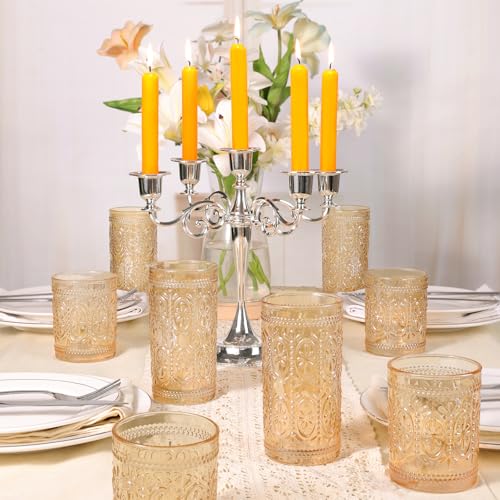 Amber 12oz Vintage Highball Glasses Set of 4 | Heavy-Duty Lead-Free Drinking Glassware