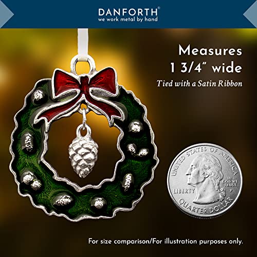 DANFORTH Green Christmas Wreath Ornament - Handcrafted Pewter Holiday Decor, Red Bow, Pine Cones - USA Made