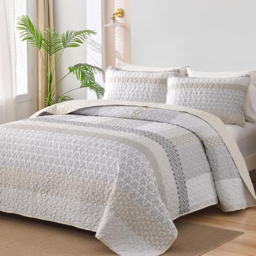 Beige Queen Quilt Set - Boho Striped Patchwork Bedspread (3-Piece)