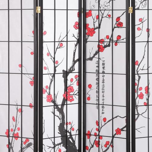 4-Panel Japanese Shoji Room Divider - Plum Blossom Print, Black Wood