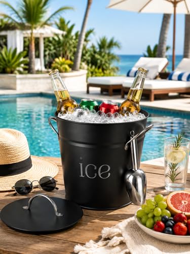 3 Qt Insulated Black Galvanized Ice Bucket with Lid, Scoop & Handles