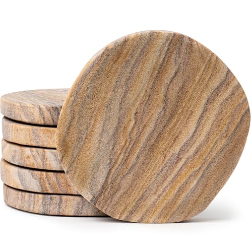 Cork & Mill Set of 6 Absorbent Sandstone Coasters for Drinks - Rustic Natural Design