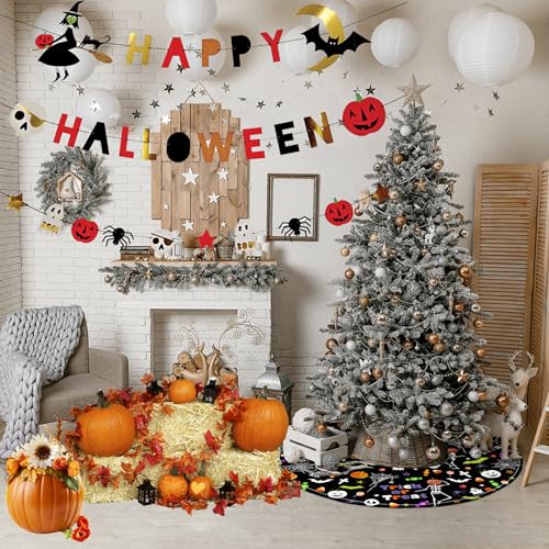 Halloween Ghost Pumpkin Skull Tree Skirt - 36 Inch Holiday Decor Mat